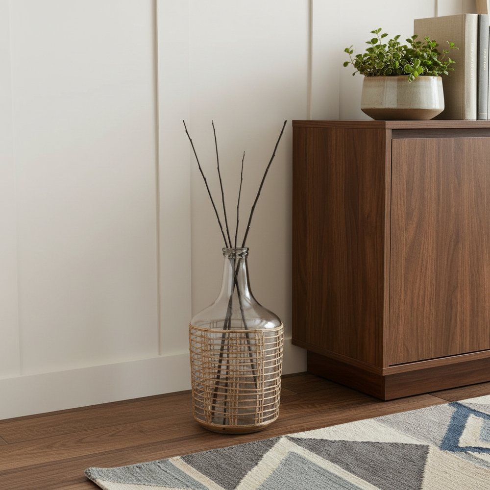 15" Glass and Rattan Bottle Floor Vase
