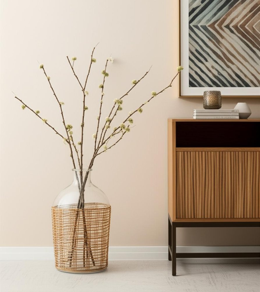 20" Glass and Rattan Bottle Floor Vase