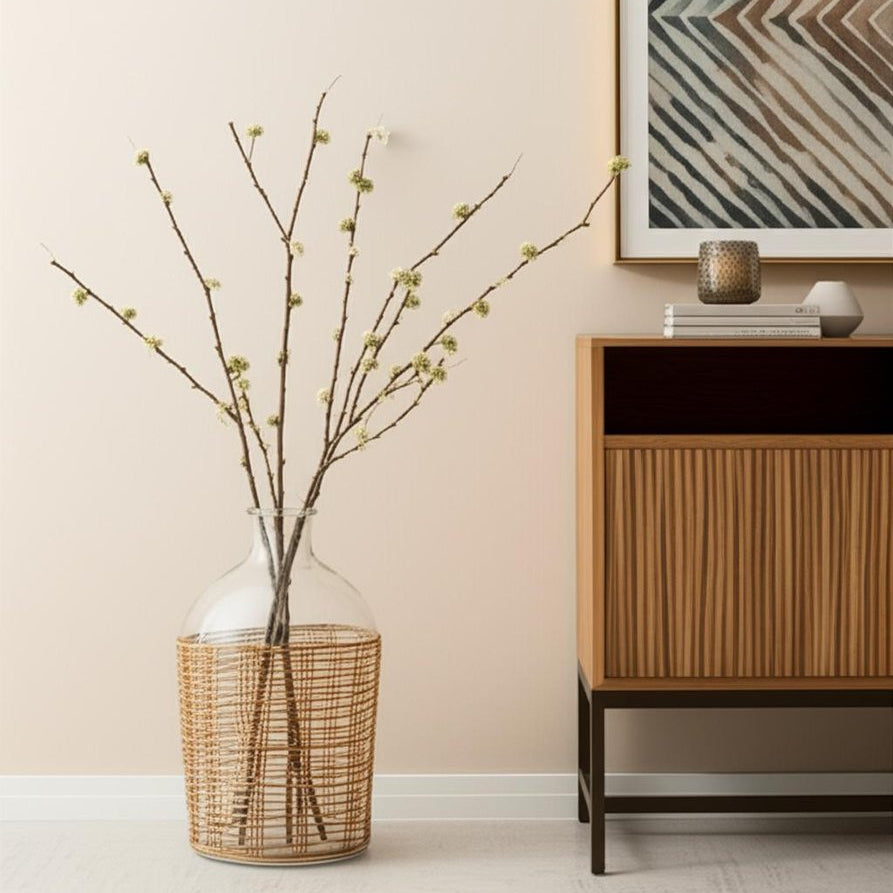 20" Glass and Rattan Bottle Floor Vase