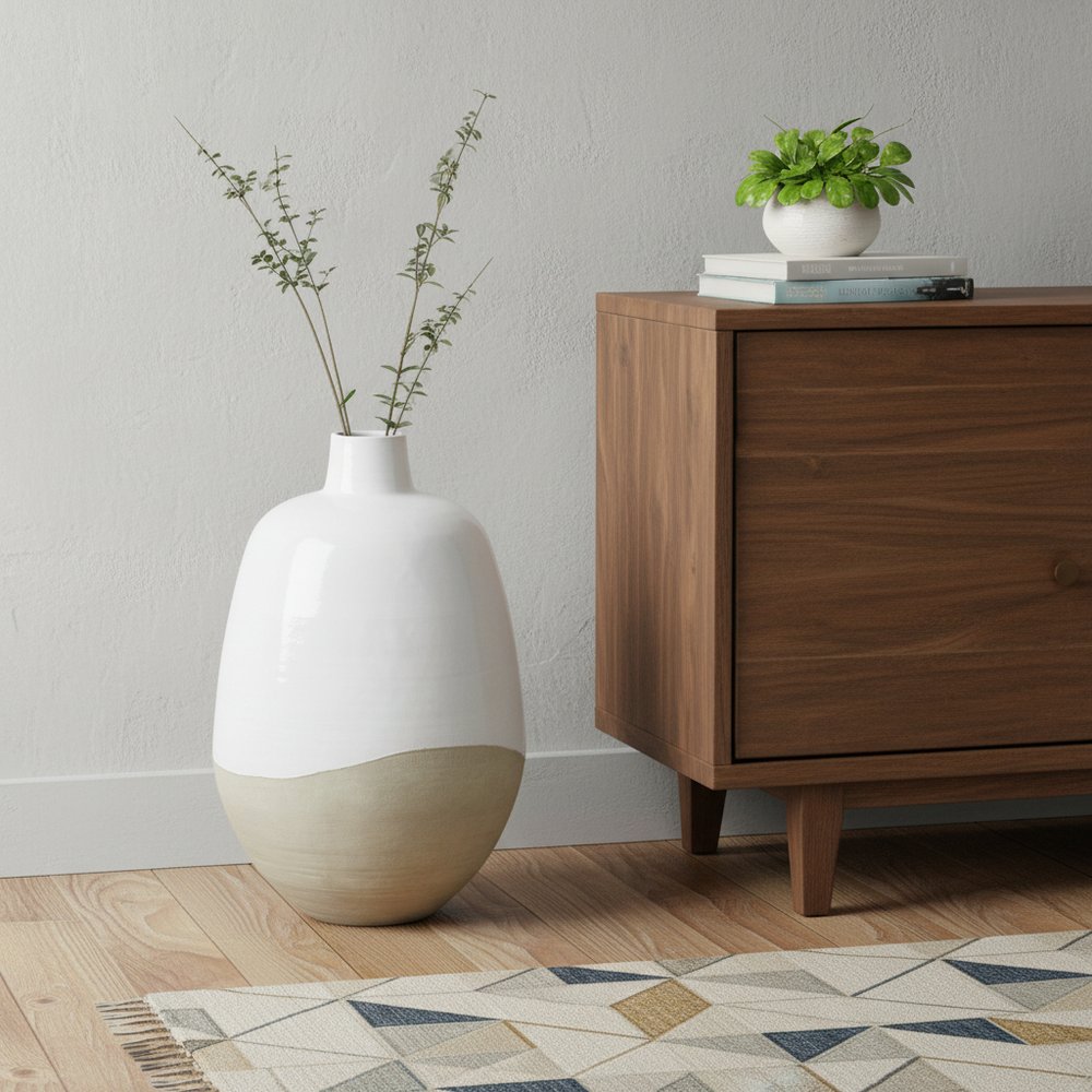 32" White and Beige Ceramic Round Floor Vase