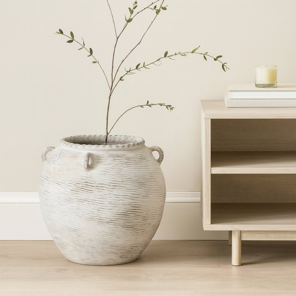 25" Cream Amphora Ceramic Floor Vase