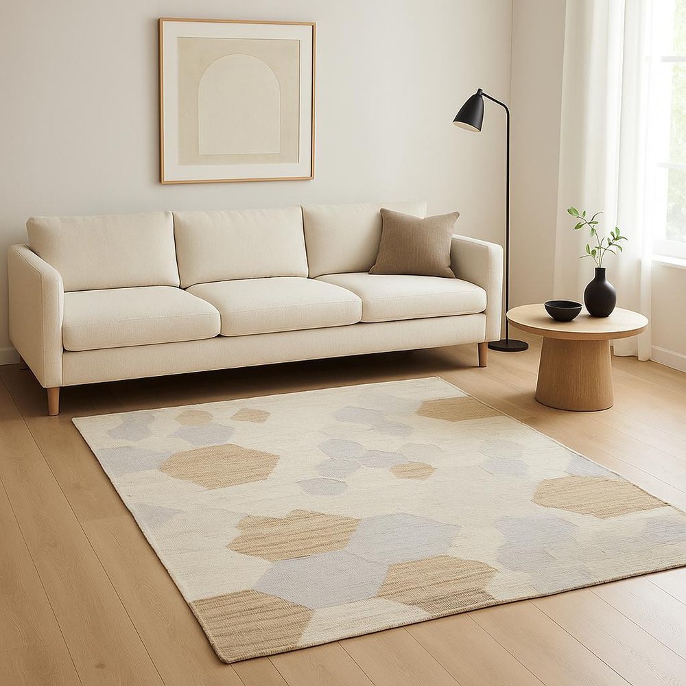 Ivory, Brown ,and Gray Patchwork Hand Woven Cotton Rug