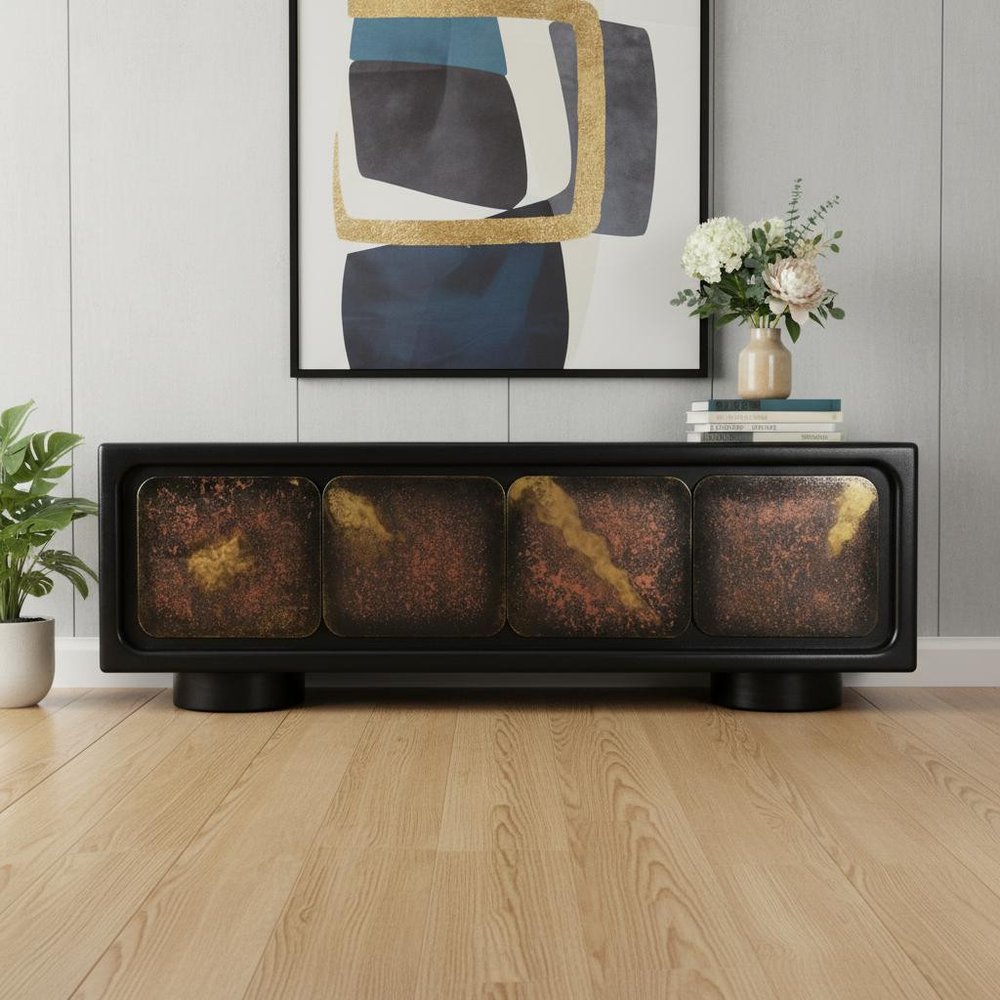 75" Black Rub Finished Art Deco Sideboard