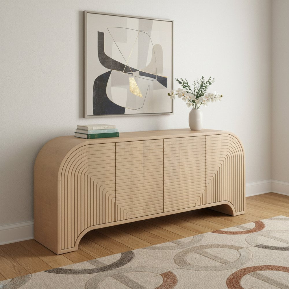 72" Light Brown Carved Arch Wood Sideboard