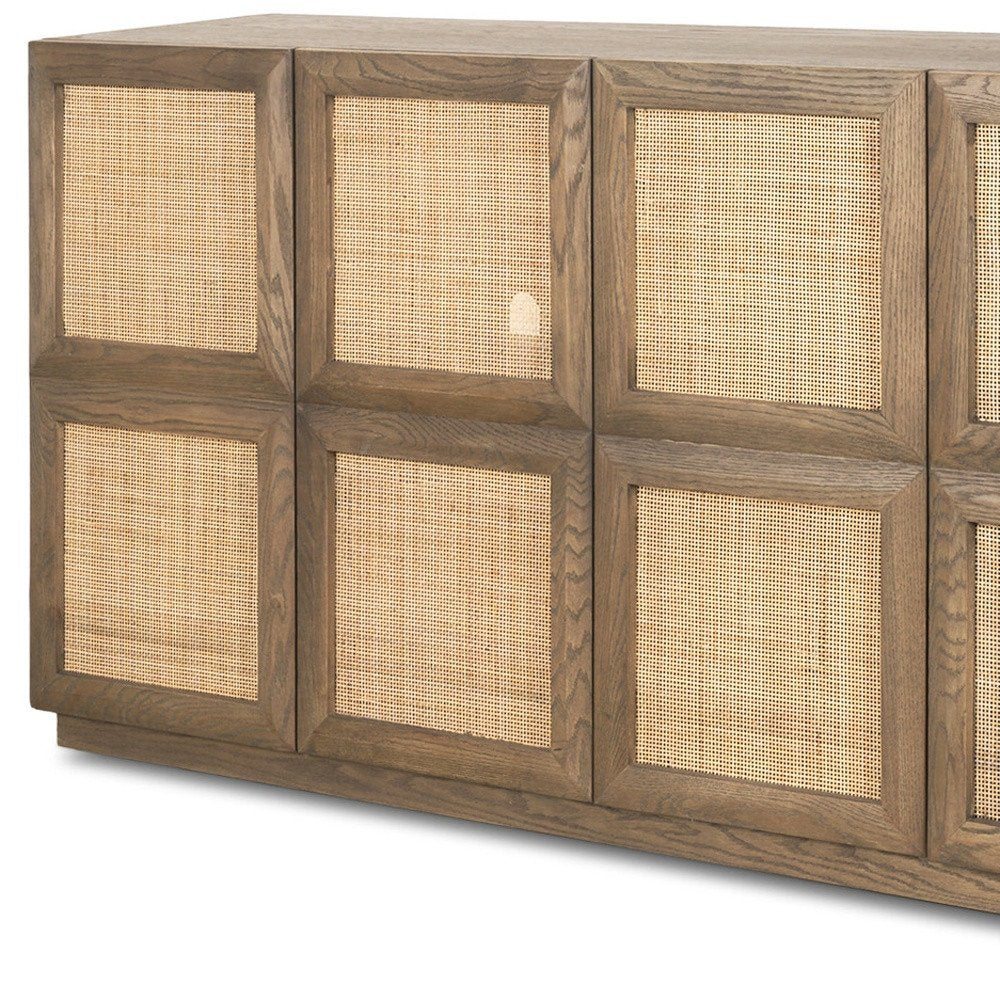 64" Brown Wood and Rattan Sideboard with Soft Close Doors