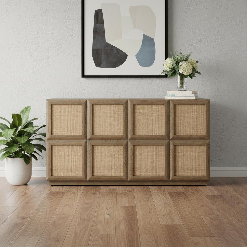 64" Brown Wood and Rattan Sideboard with Soft Close Doors