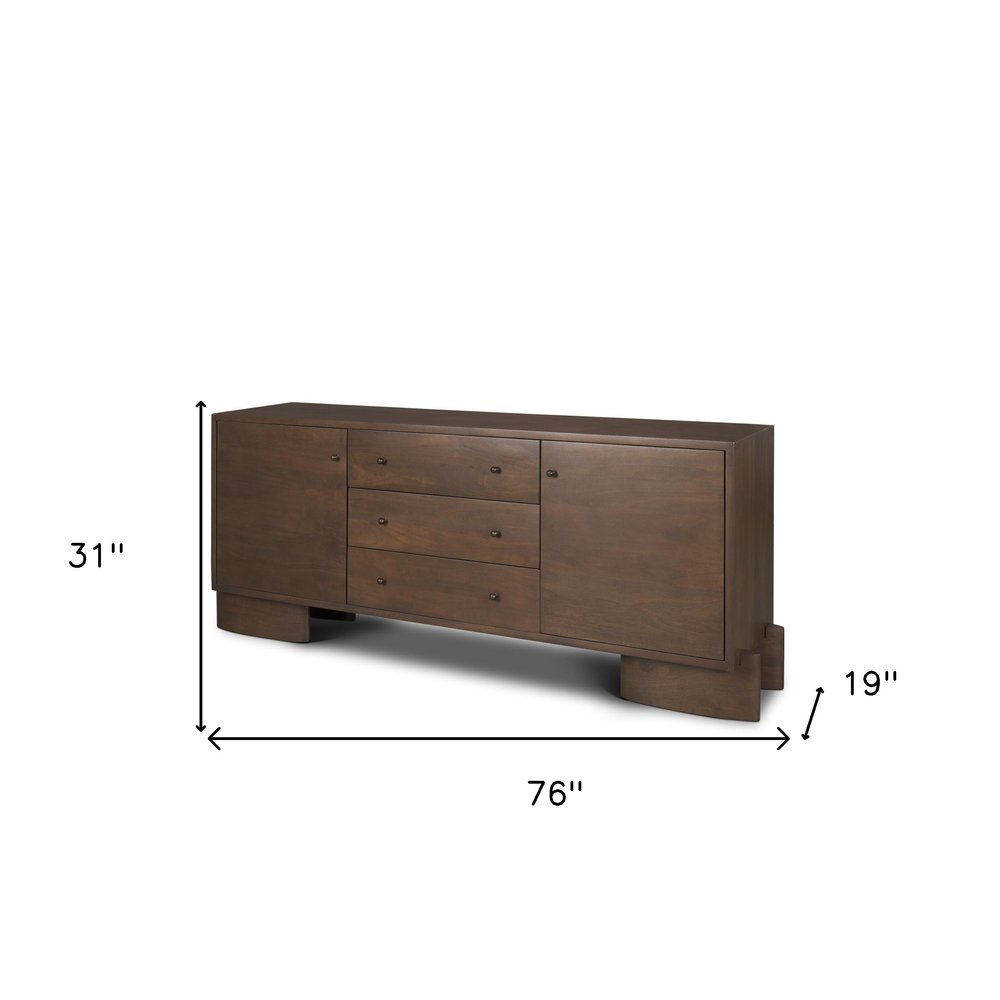76" Wood Three Drawer Pedestal Sideboard with Two Soft Close Doors