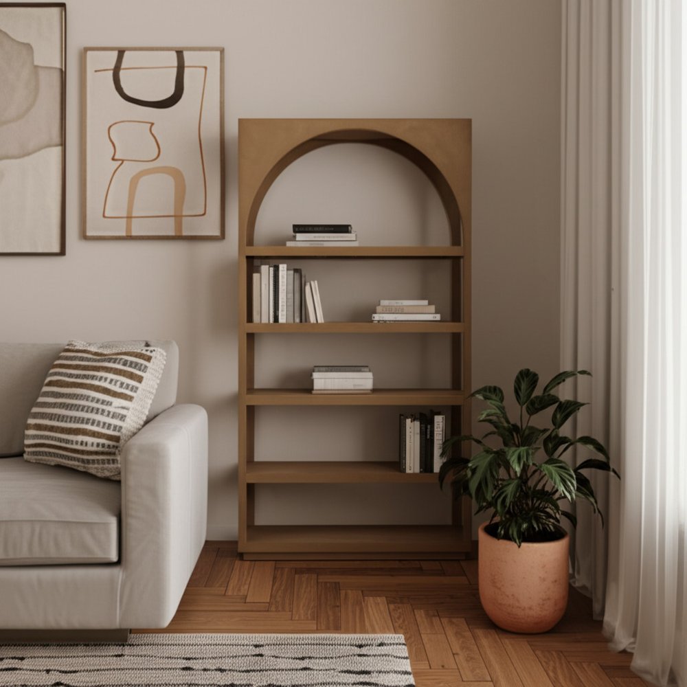 47" Brown Arched Wood Five Tier Bookcase