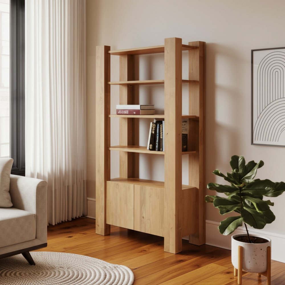 42" Natural Wood 4 Tier Bookcase with Storage