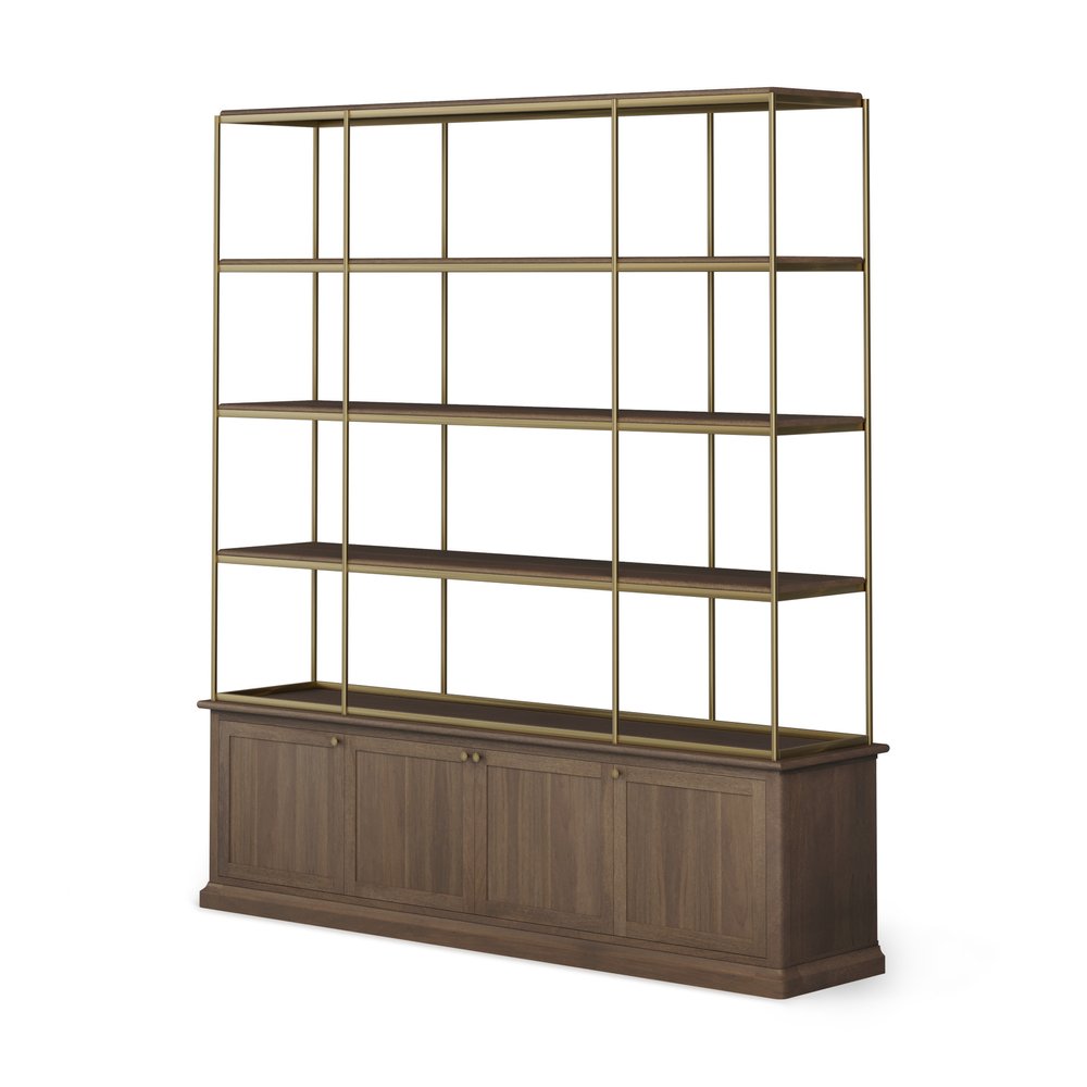 90" Brass and Brown Four Tier Bookcase with Cabinets
