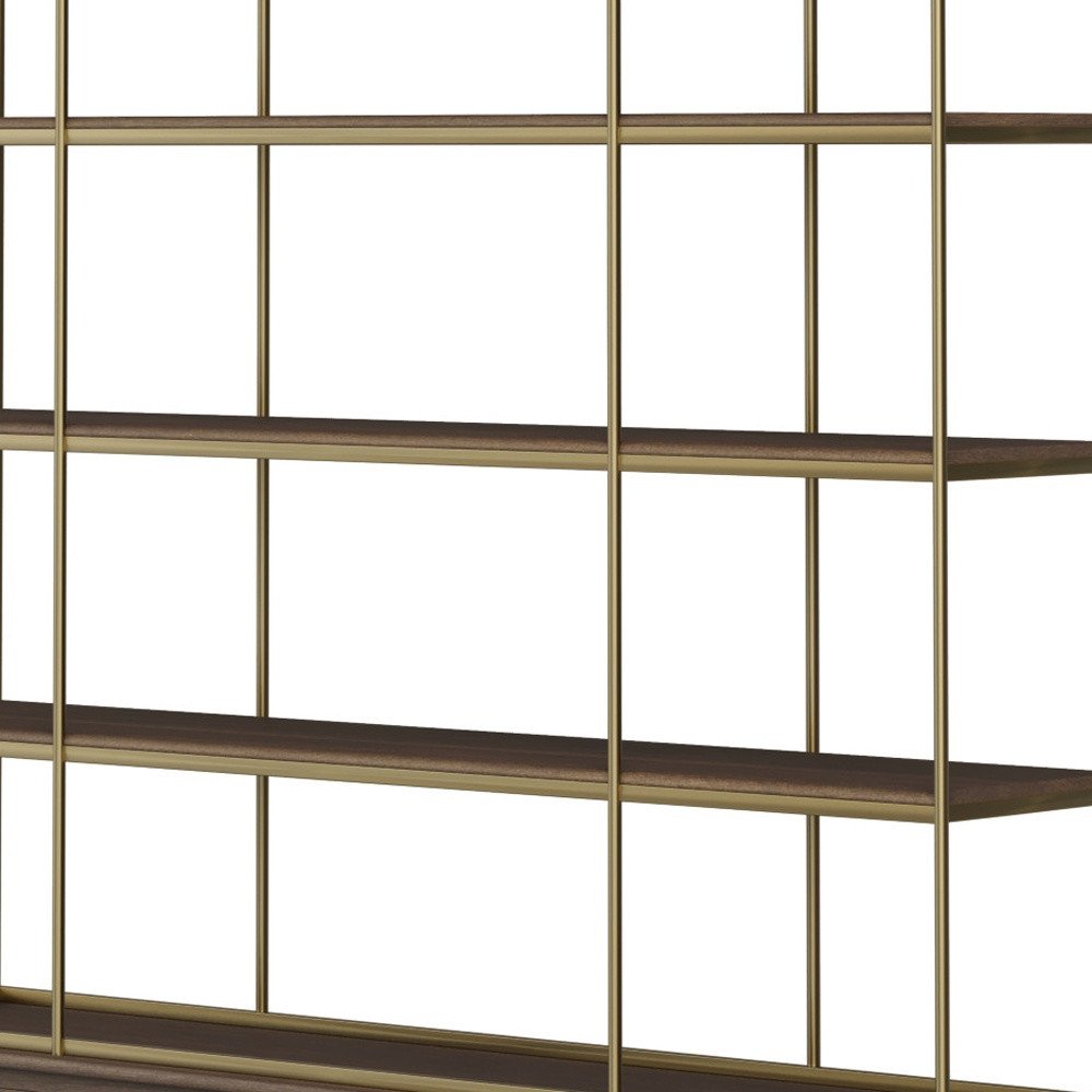 90" Brass and Brown Four Tier Bookcase with Cabinets