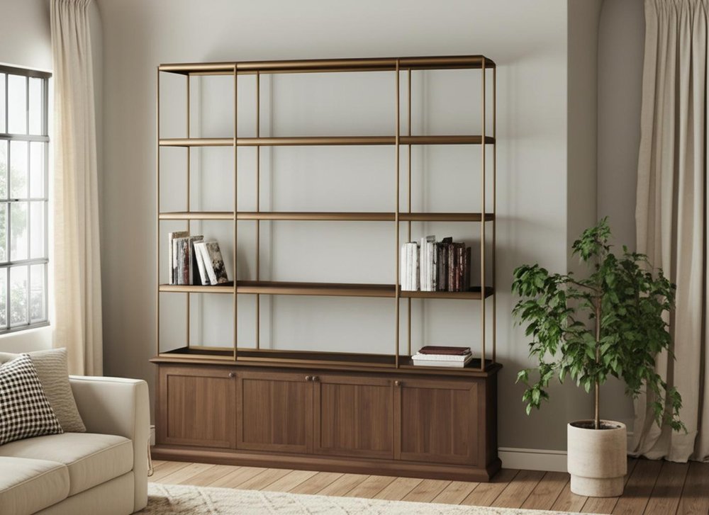90" Brass and Brown Four Tier Bookcase with Cabinets