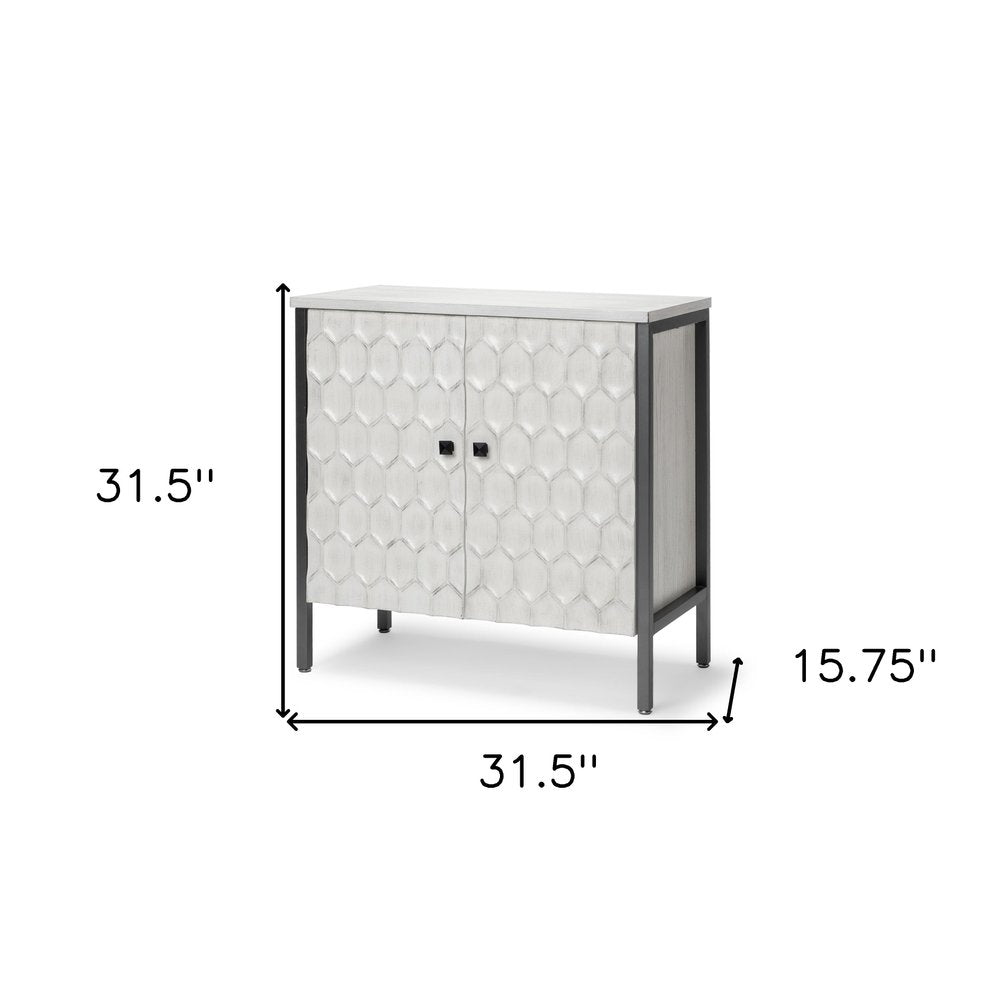 32" Gray and White Wood Carved Geometric Cabinet