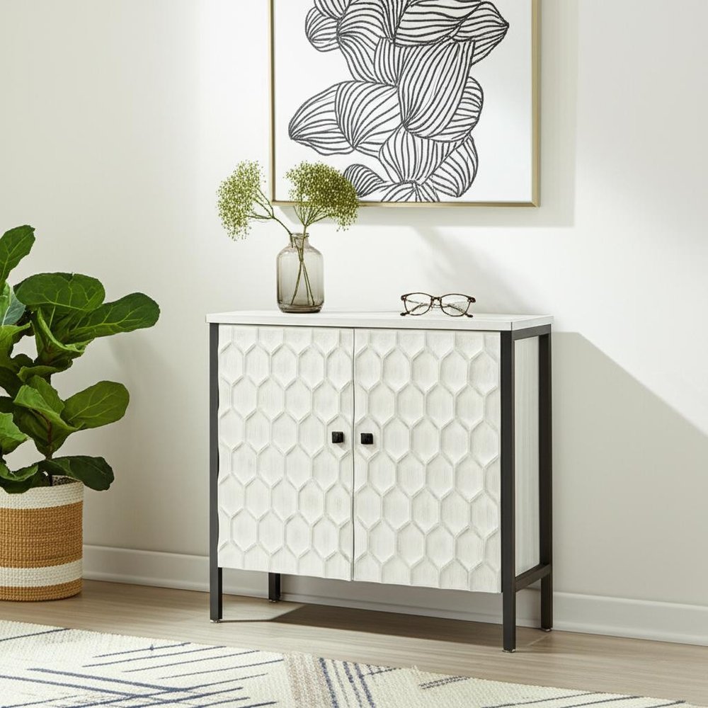 32" Gray and White Wood Carved Geometric Cabinet