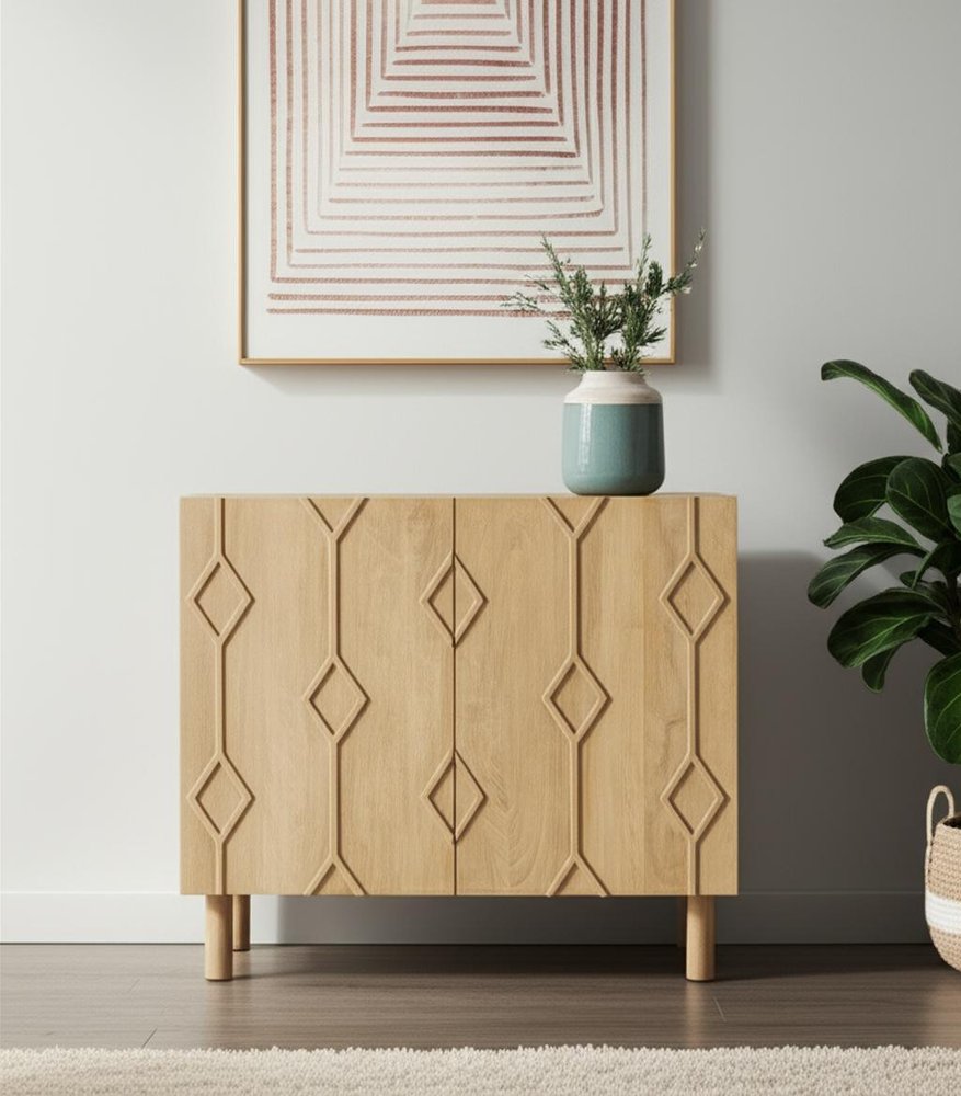 32" Wood Carved Geometric Accent Cabinet