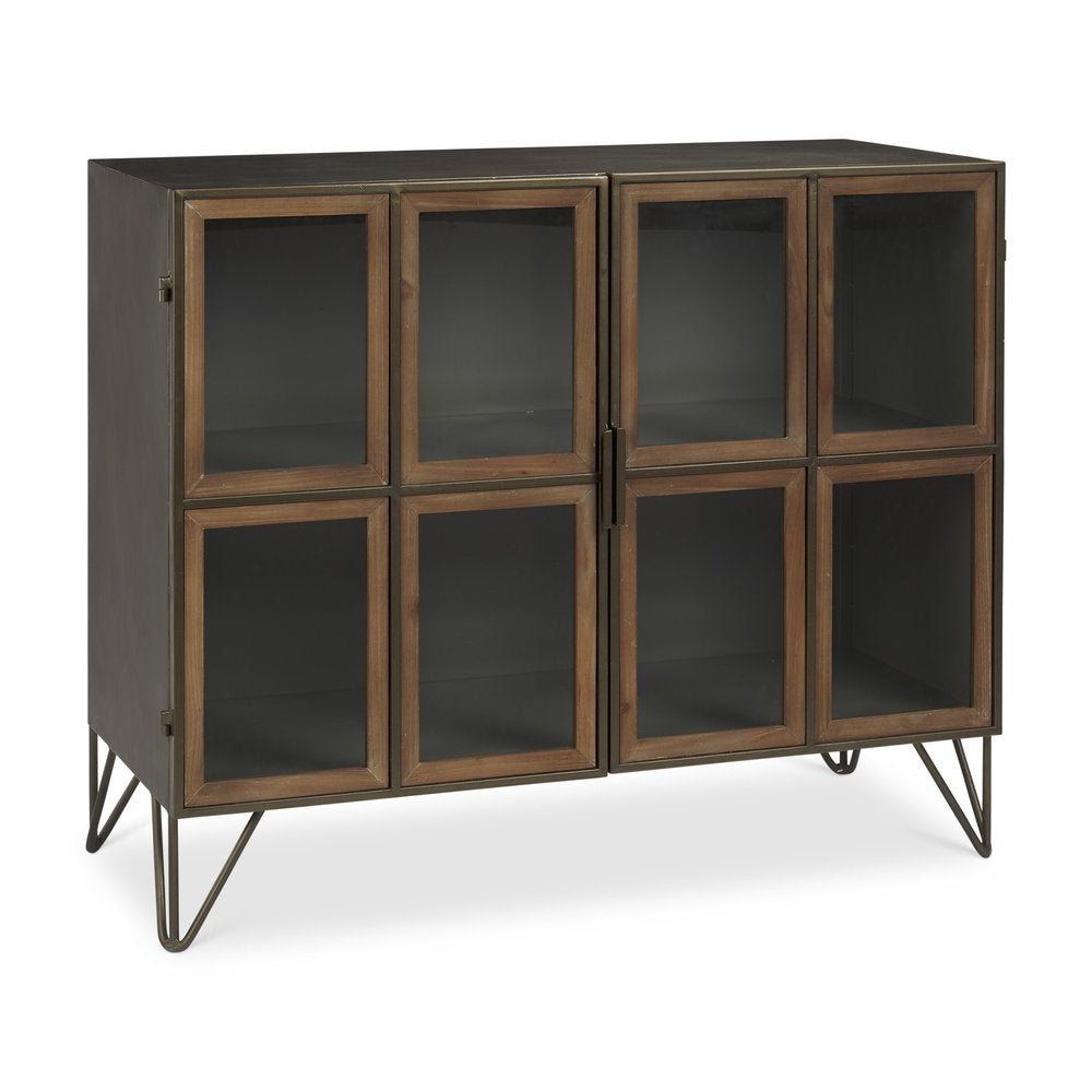 37" Antiqued Brass and Brown Wood Accent Cabinet