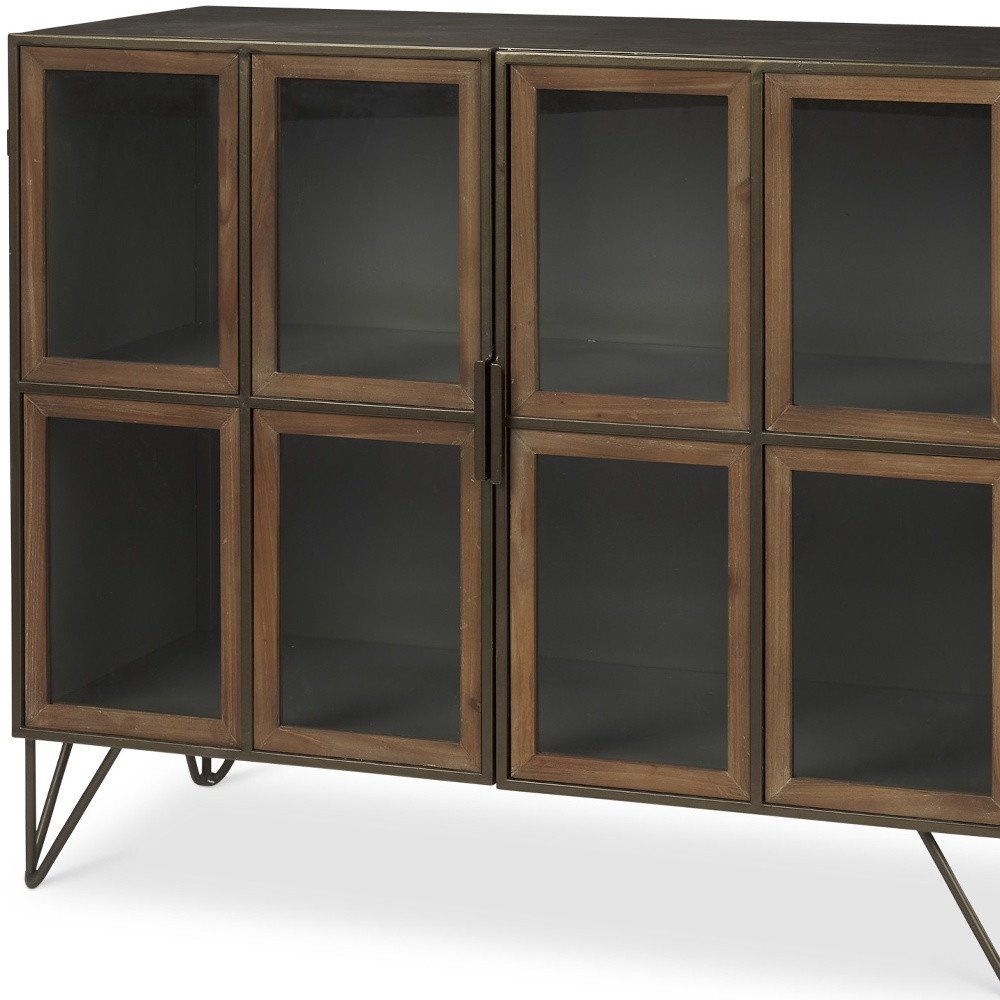 37" Antiqued Brass and Brown Wood Accent Cabinet