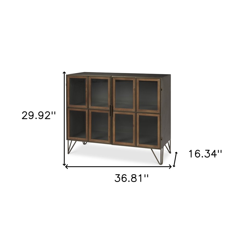 37" Antiqued Brass and Brown Wood Accent Cabinet