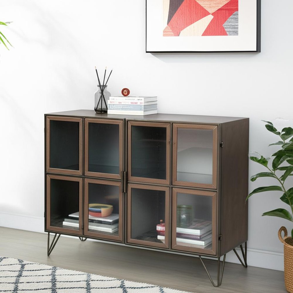 37" Antiqued Brass and Brown Wood Accent Cabinet