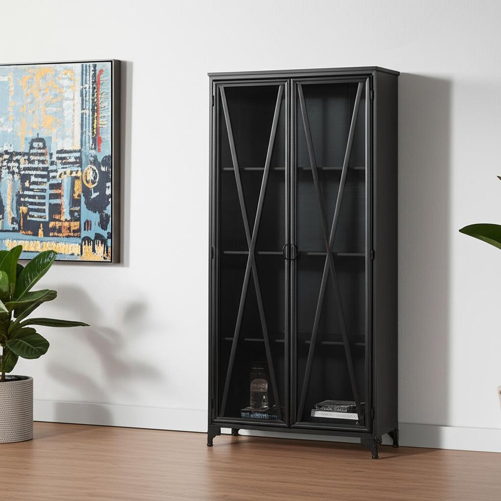 74" Black Metal Display Cabinet