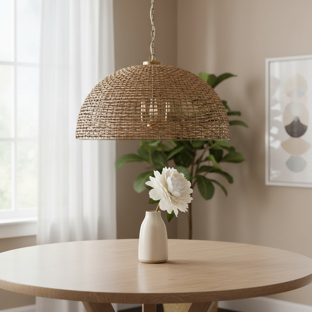 38" Brown Rattan Bowl Pendant Light
