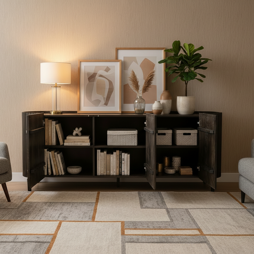 80" Brown Oval Fluted Wood Sideboard