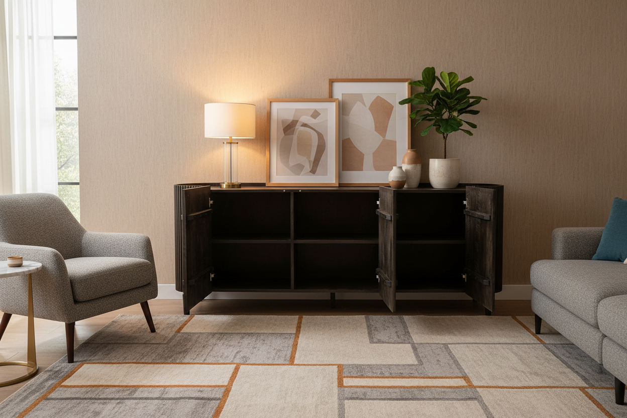 80" Brown Oval Fluted Wood Sideboard