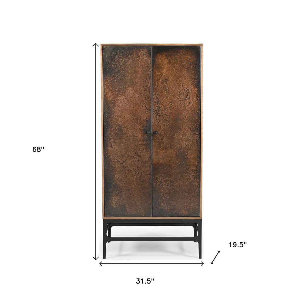 68" Copper and Wood Distressed Cabinet With Two Doors