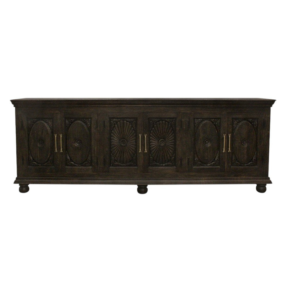 103" Brown Floral Carved Distressed Wood Sideboard