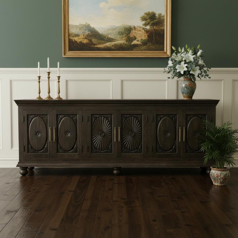 103" Brown Floral Carved Distressed Wood Sideboard