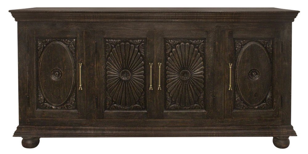 73" Brown Floral Carved Distressed Wood Sideboard