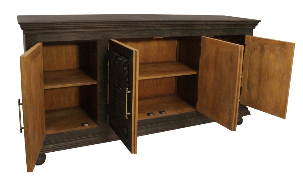 73" Brown Floral Carved Distressed Wood Sideboard