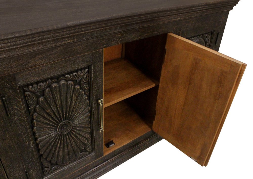 73" Brown Floral Carved Distressed Wood Sideboard