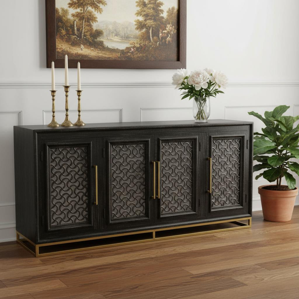 76" Antiquated Trellis Doors Wood Sideboard