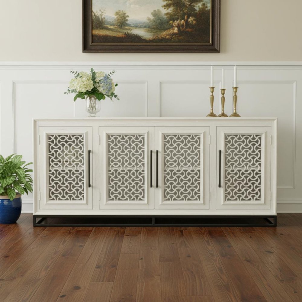 76" Antiquated Trellis Doors Wood Sideboard