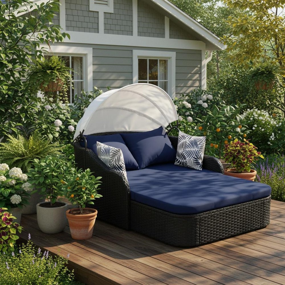 48" Rattan Outdoor Daybed with Canopy