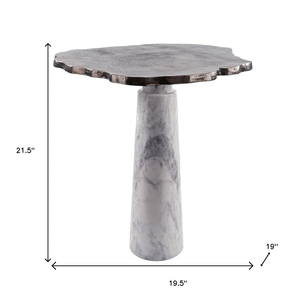 22" Silver and White Marble Pedestal End Table