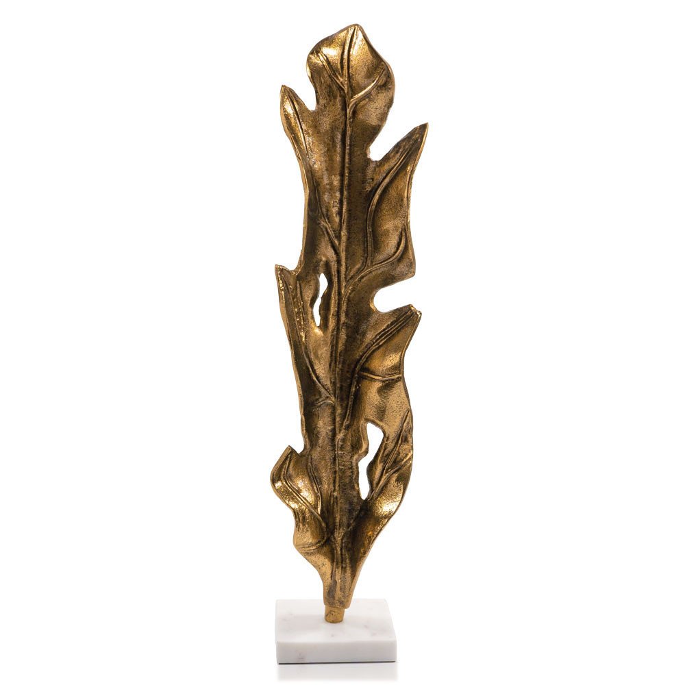 26" Antiqued Gold And White Aluminum And Marble Leaf Tabletop Sculpture