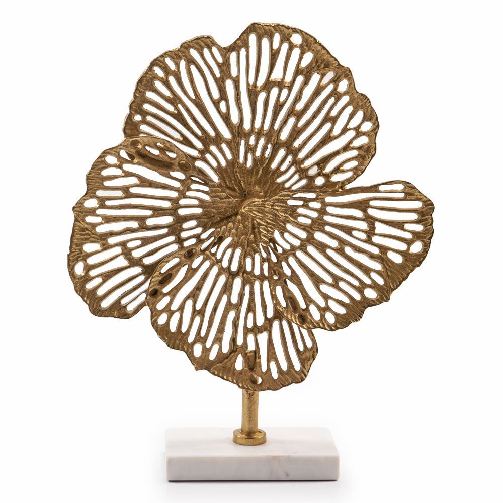 15" Antiqued Gold Aluminum and Marble Flower Sculpture