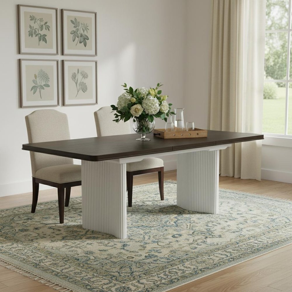 78" White and Brown Curved Fluted Legs Dining Table