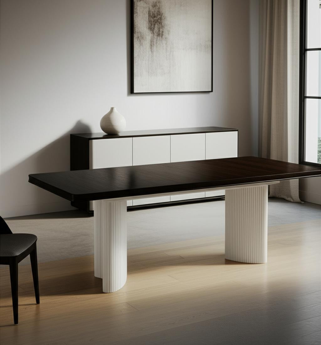 78" White and Brown Curved Fluted Legs Dining Table
