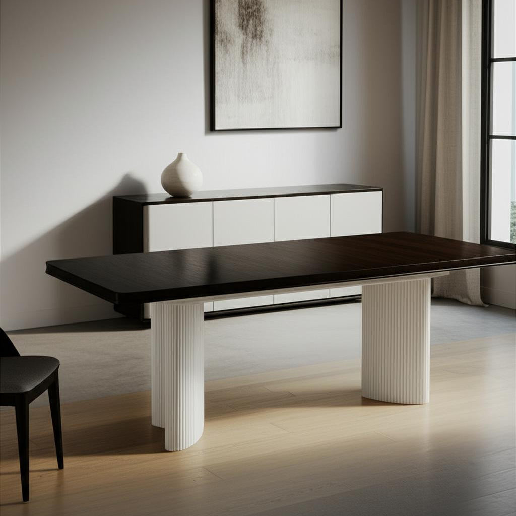 78" White and Brown Curved Fluted Legs Dining Table