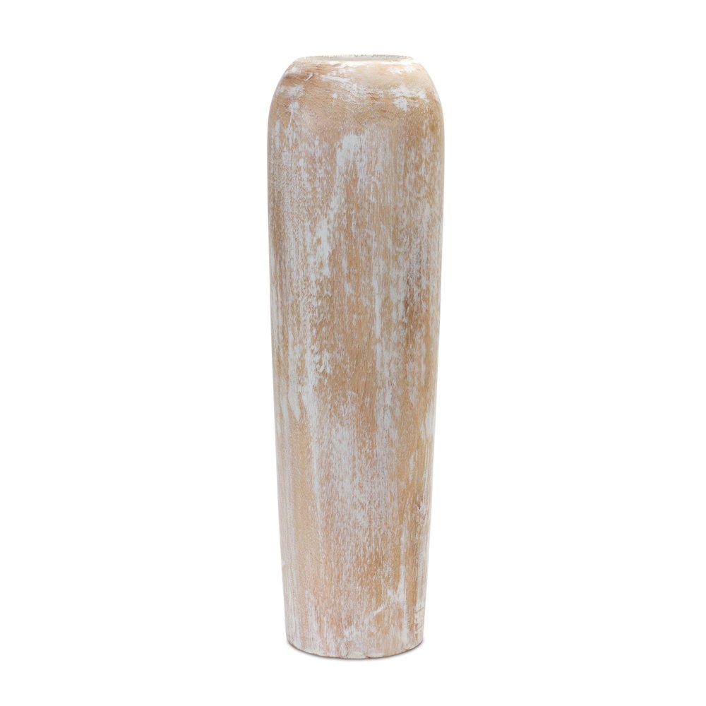 24" Brown and White Round Wood Floor Vase