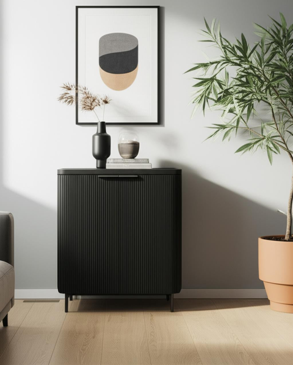 35" Black Fluted Wood Cabinet