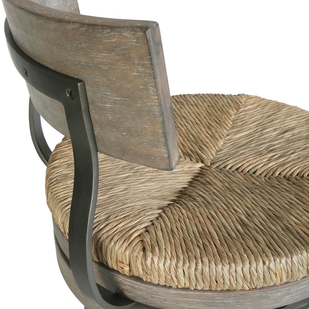 42" Gray Wood and Rattan Half Back Swivel Bar Chair