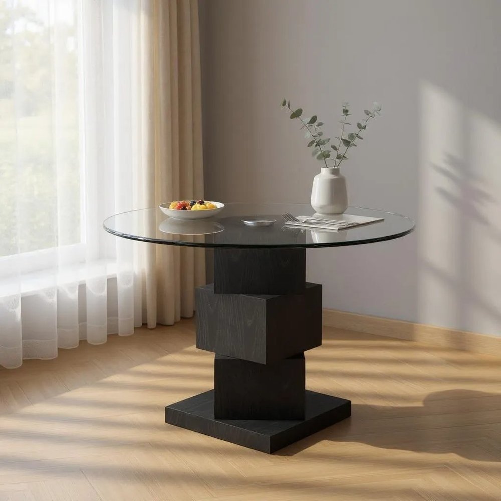 51" Black Glass and Wood Square Pedestal Dining Table