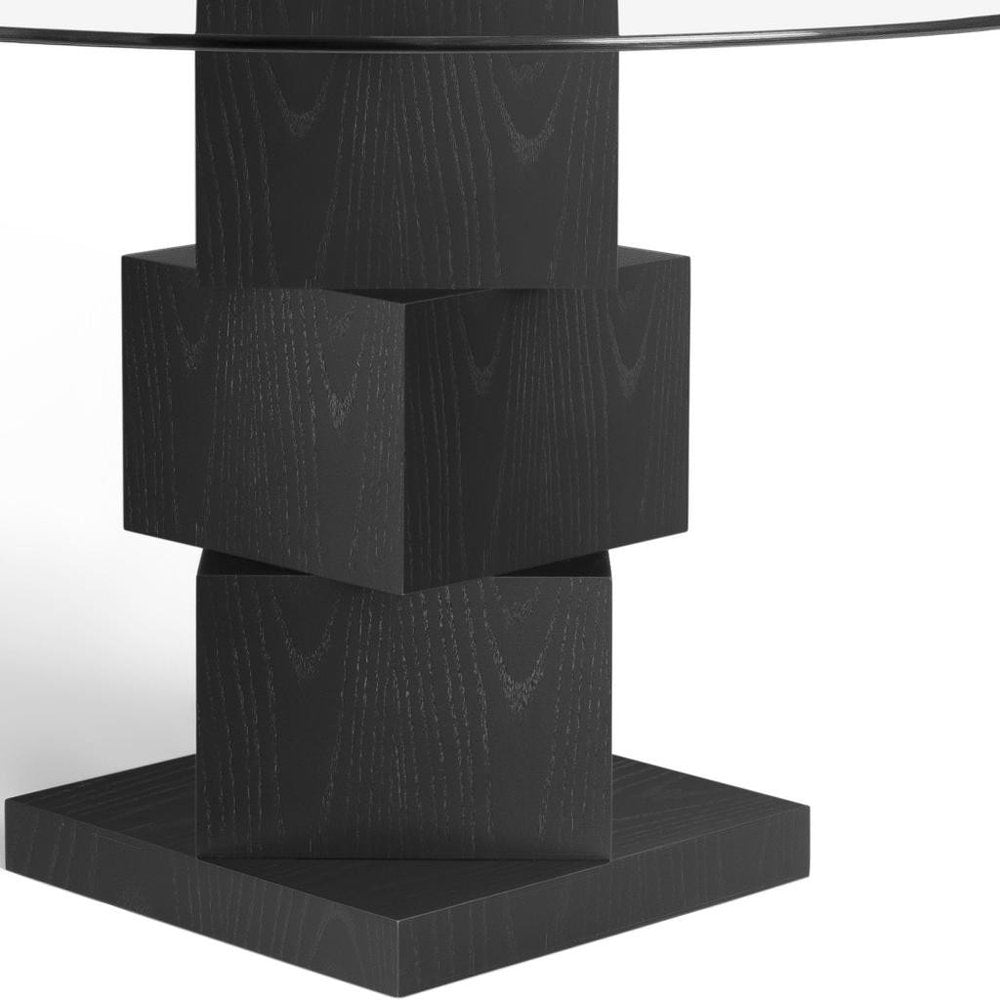 51" Black Glass and Wood Square Pedestal Dining Table