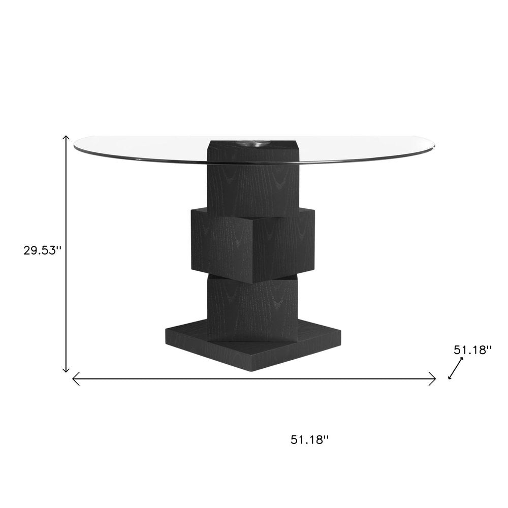 51" Black Glass and Wood Square Pedestal Dining Table