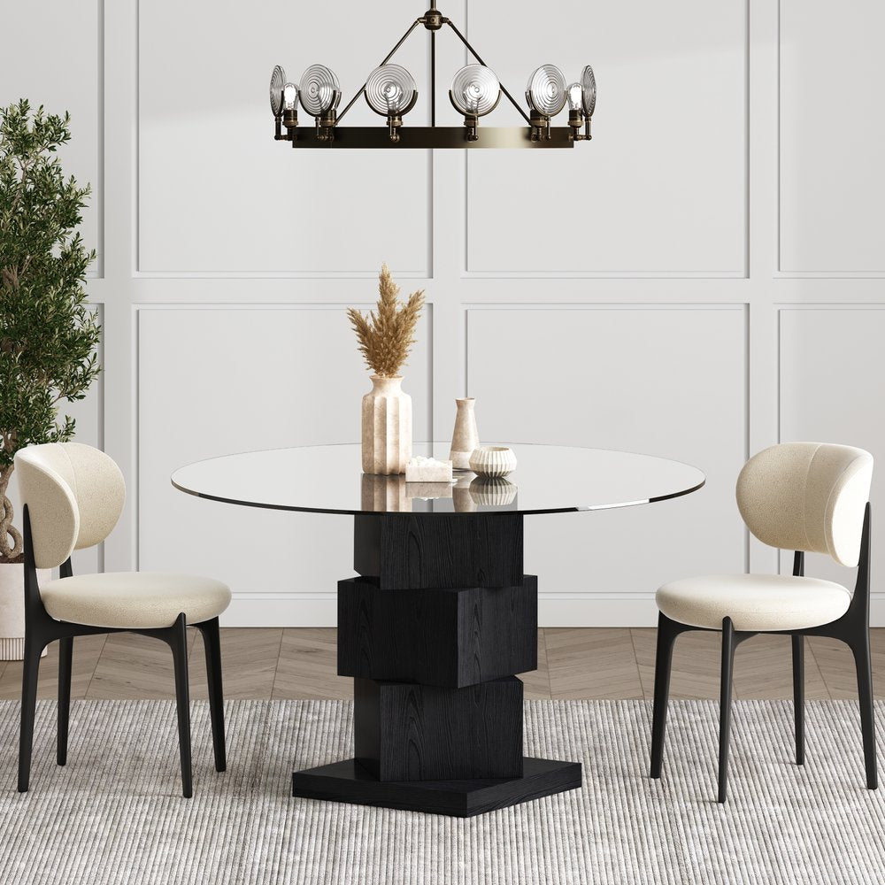 51" Black Glass and Wood Square Pedestal Dining Table
