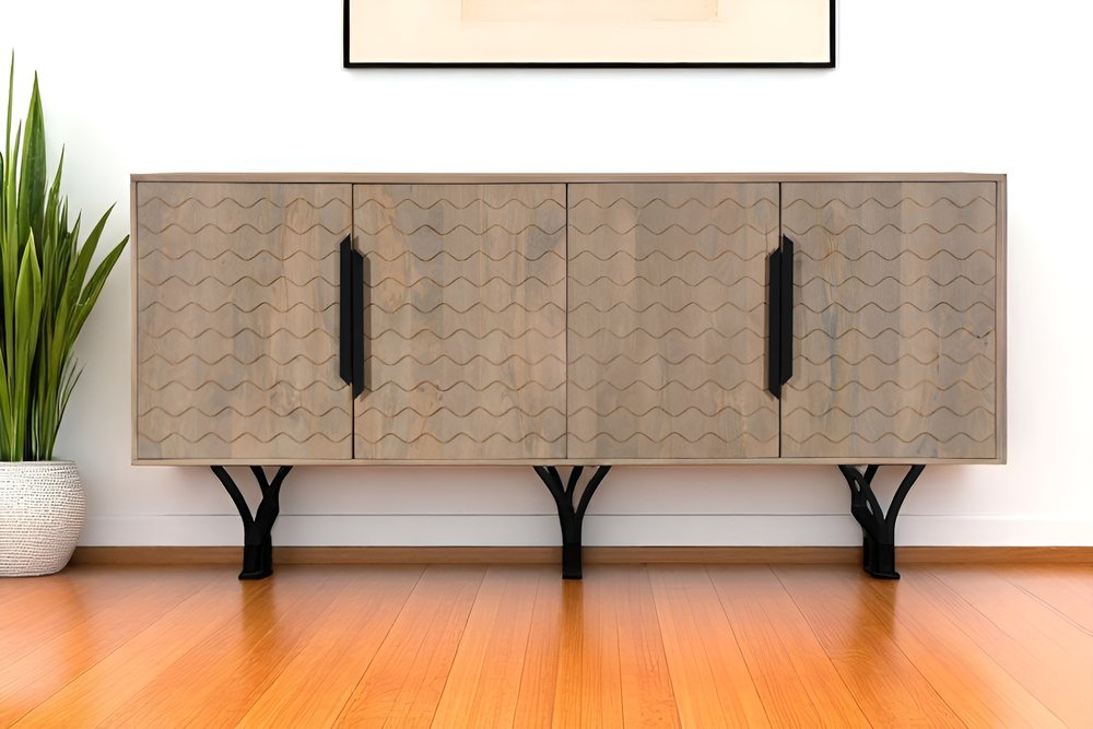 84" Beige Wood Waves Sideboard with 4 Doors